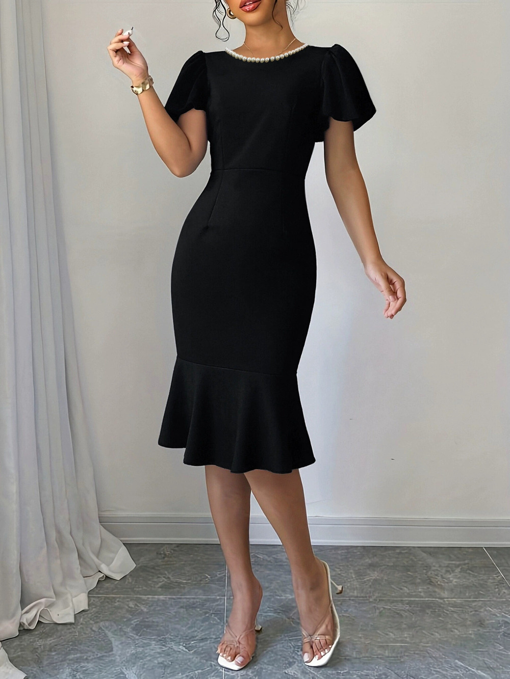 ZARA Solid Color Bubble Sleeve Mermaid Dress Slim Elegant Midi for Women